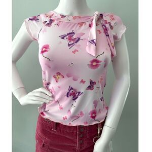 Vintage Y2K Pink Butterfly Floral Tie-Neck Cap Sleeve Top Blouse size XS JR